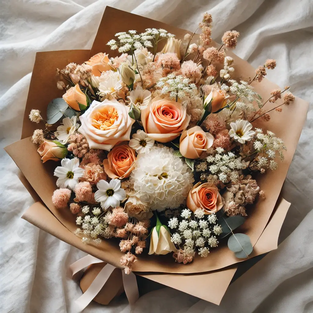 Beautiful bouquet of flowers wrapped in brown paper